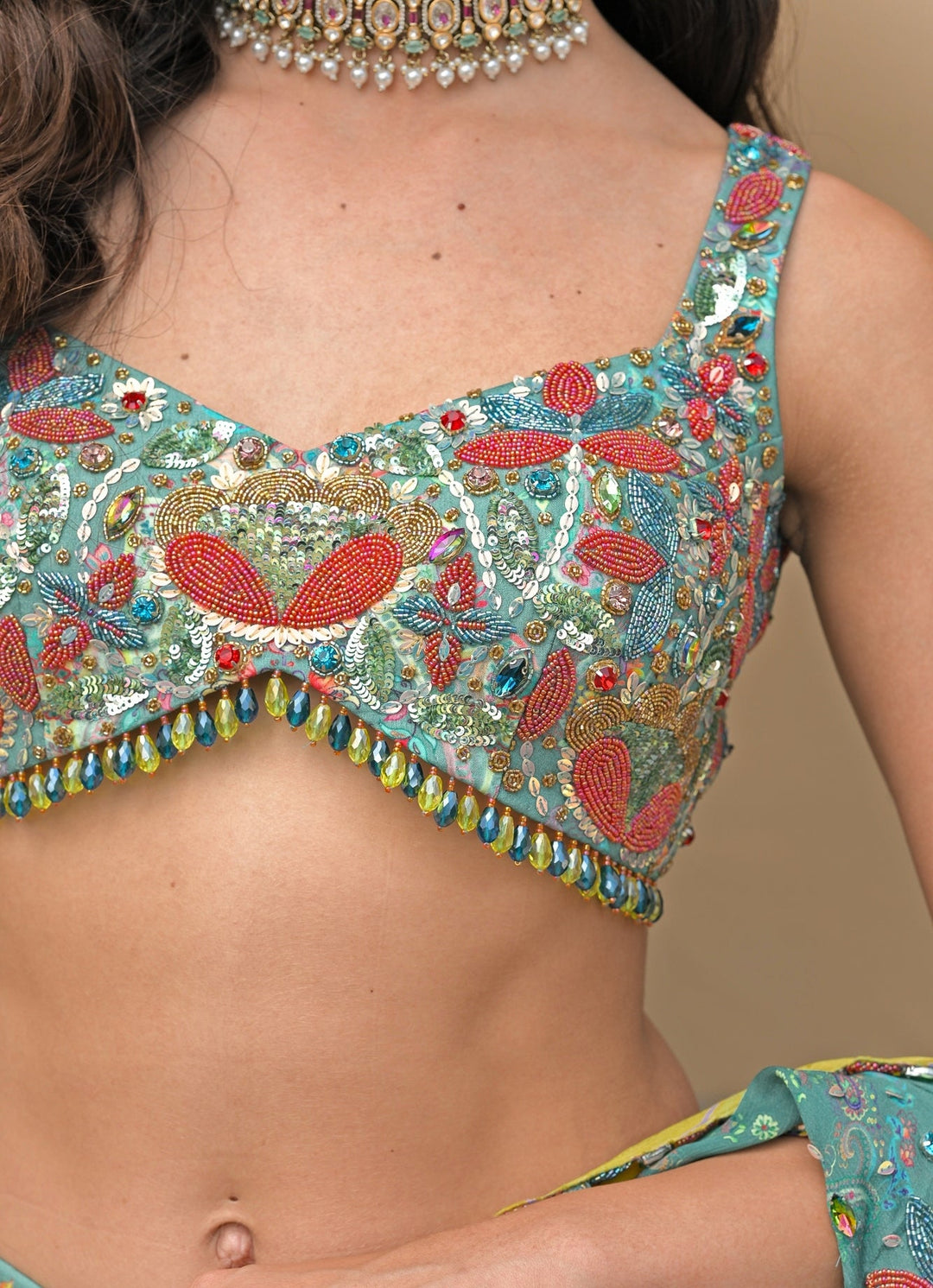 Juhi Bengani Rama Green Chinon Pre - Draped SareeFabilicious Fashion