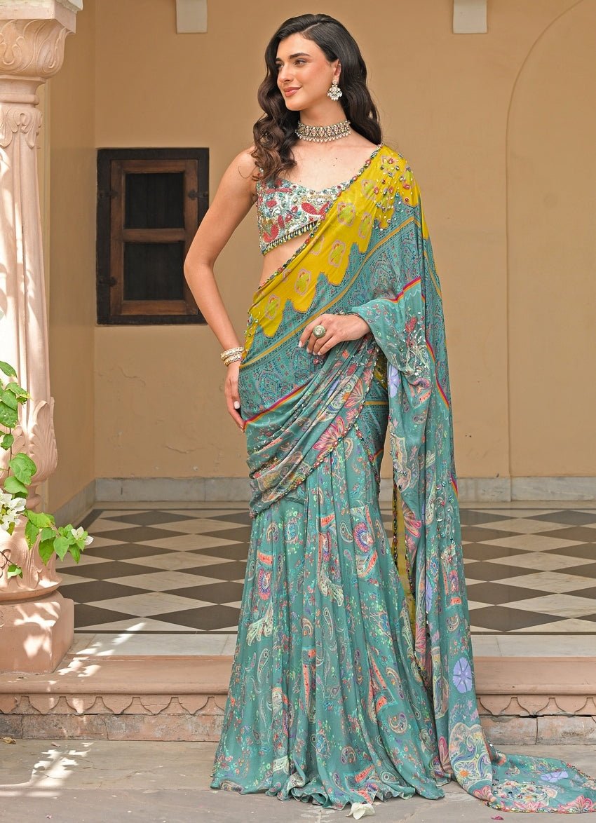 Juhi Bengani Rama Green Chinon Pre - Draped SareeFabilicious Fashion