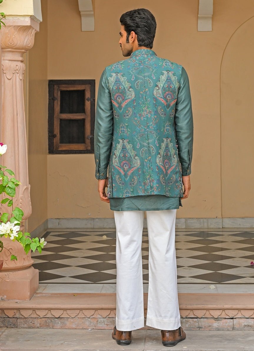 Rama Green Embroidered Nehru Jacket Juhi Bengani - Men - Fabilicious Fashion