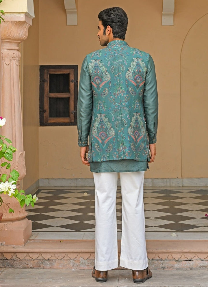 Rama Green Embroidered Nehru Jacket Juhi Bengani - Men - Fabilicious Fashion