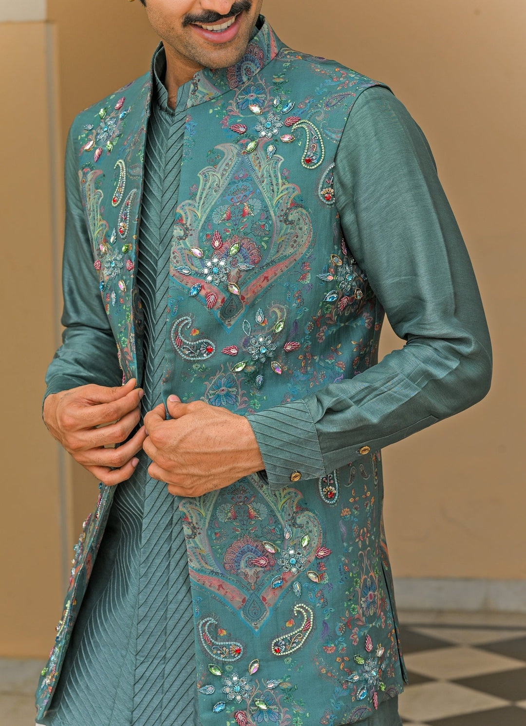 Rama Green Embroidered Nehru Jacket Juhi Bengani - Men - Fabilicious Fashion