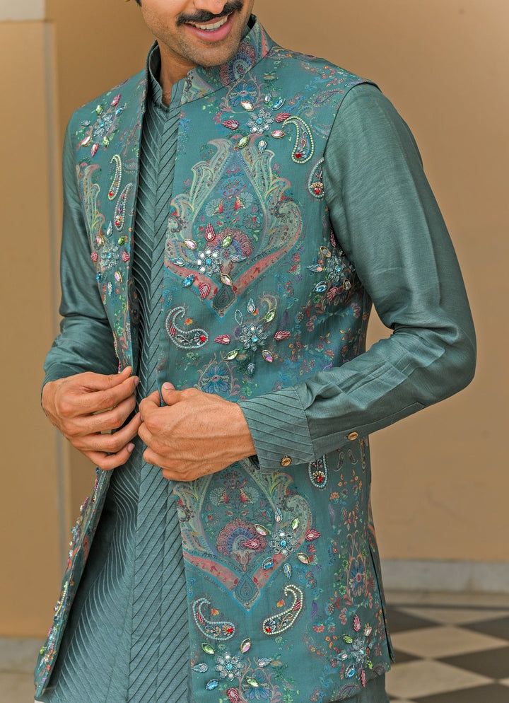 Rama Green Embroidered Nehru Jacket Juhi Bengani - Men - Fabilicious Fashion