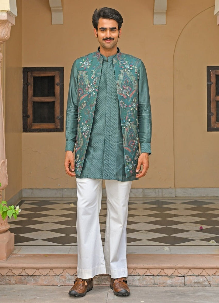 Rama Green Embroidered Nehru Jacket Juhi Bengani - Men - Fabilicious Fashion