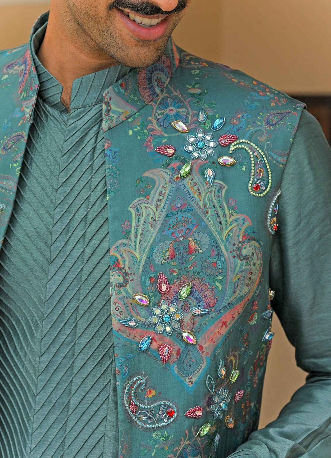 Rama Green Embroidered Nehru Jacket Juhi Bengani - Men - Fabilicious Fashion