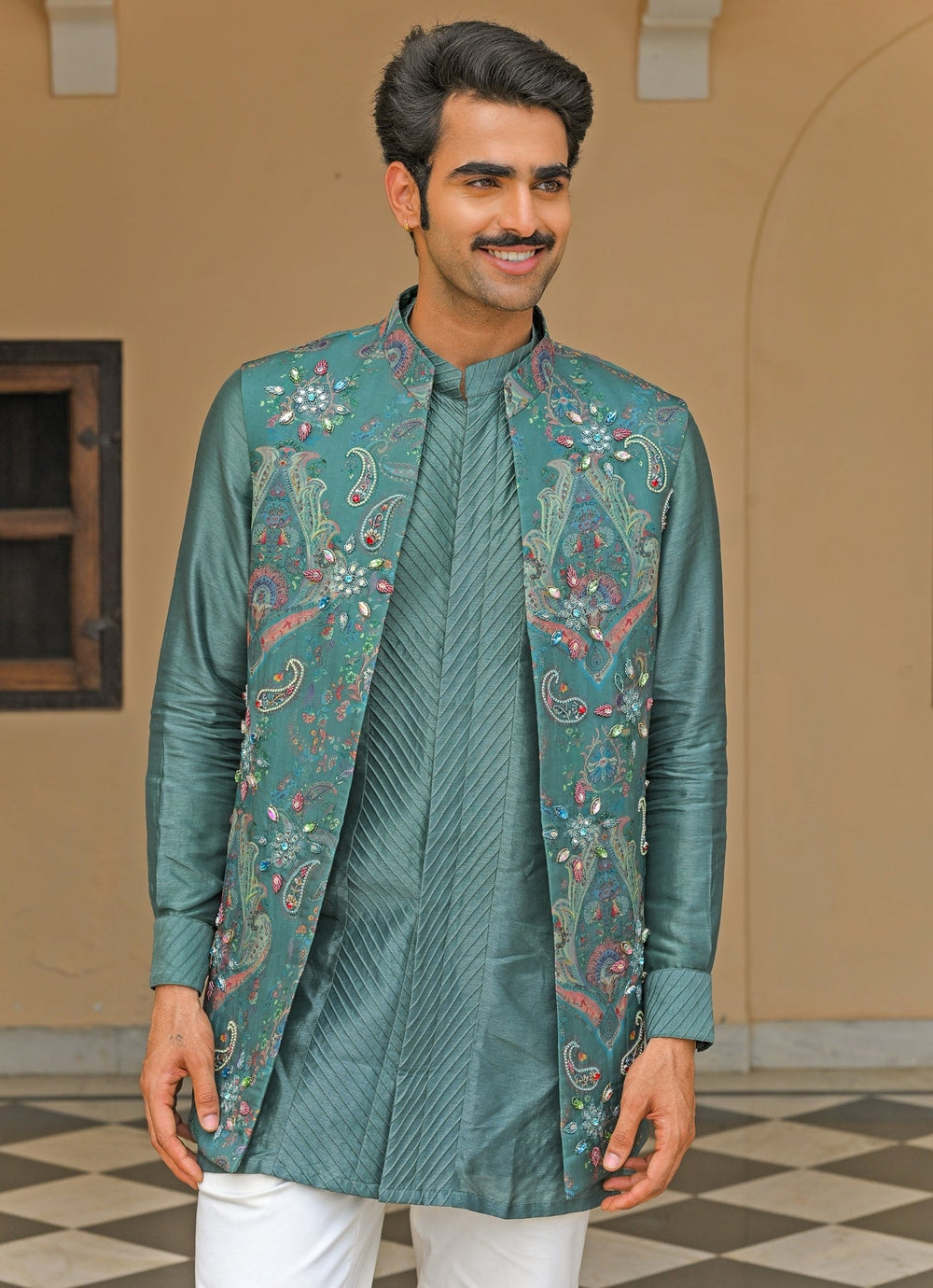 Rama Green Embroidered Nehru Jacket Juhi Bengani - Men - Fabilicious Fashion