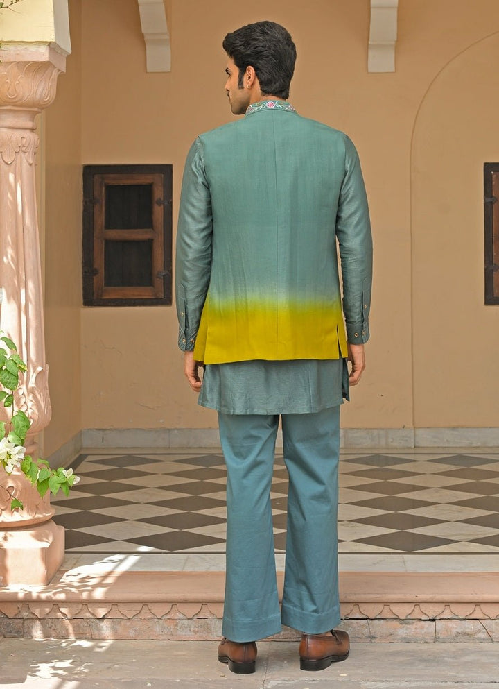 Rama Green Embroidered Organza Nehru Jacket Juhi Bengani - Men - Fabilicious Fashion