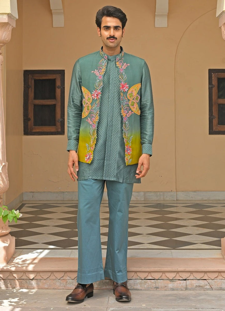 Rama Green Embroidered Organza Nehru Jacket Juhi Bengani - Men - Fabilicious Fashion