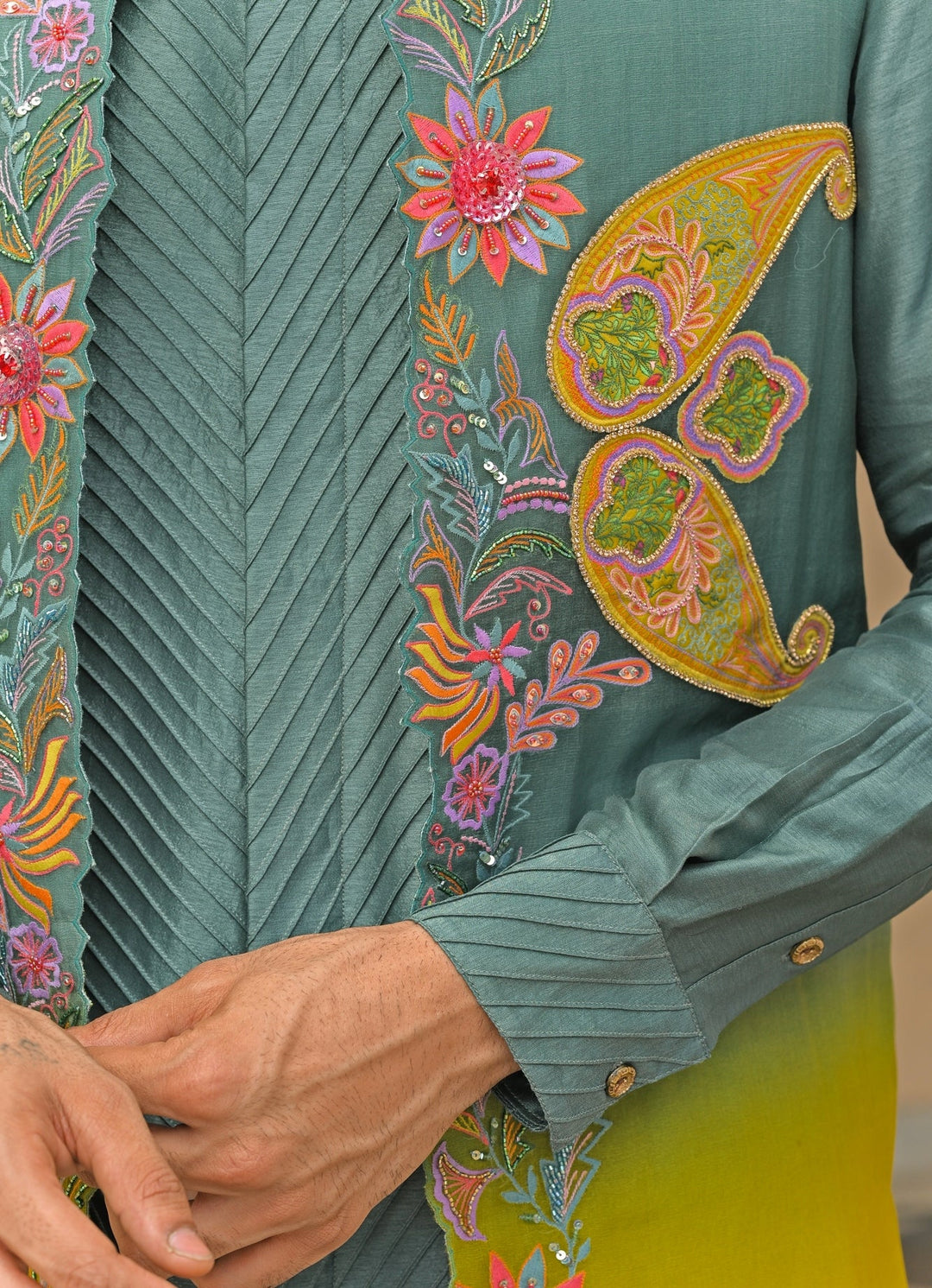 Rama Green Embroidered Organza Nehru Jacket Juhi Bengani - Men - Fabilicious Fashion
