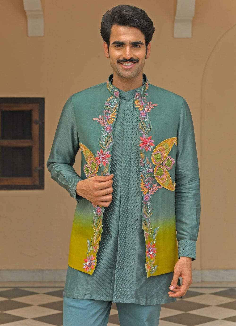 Rama Green Embroidered Organza Nehru Jacket Juhi Bengani - Men - Fabilicious Fashion