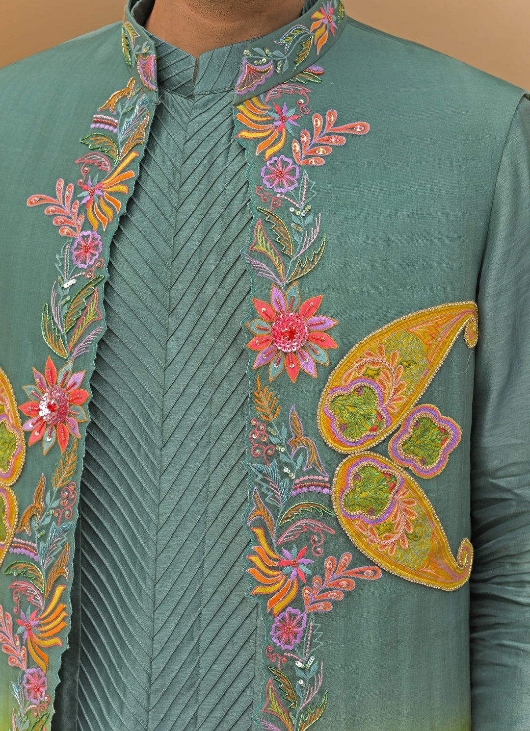 Rama Green Embroidered Organza Nehru Jacket Juhi Bengani - Men - Fabilicious Fashion