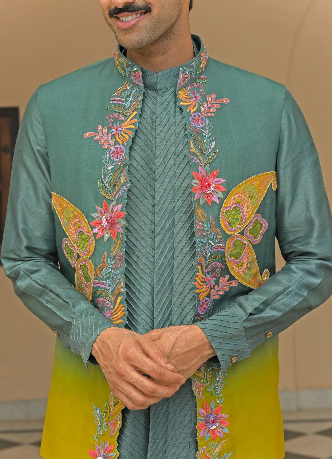 Rama Green Embroidered Organza Nehru Jacket Juhi Bengani - Men - Fabilicious Fashion