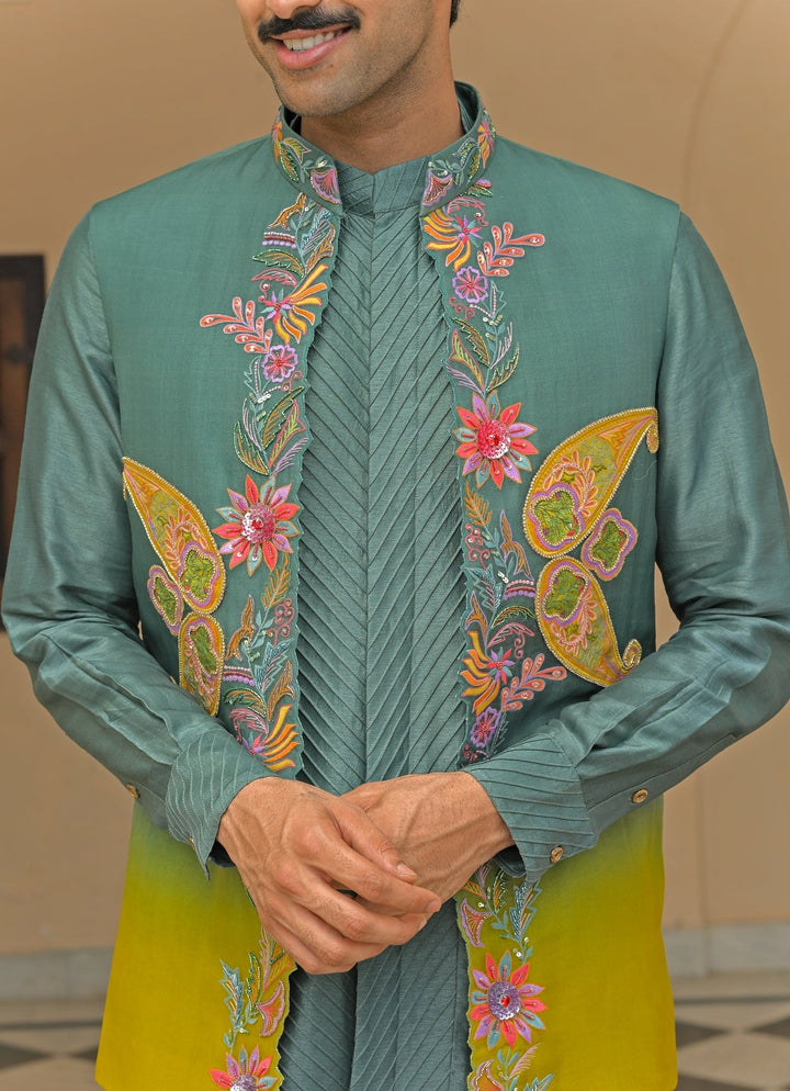 Rama Green Embroidered Organza Nehru Jacket Juhi Bengani - Men - Fabilicious Fashion