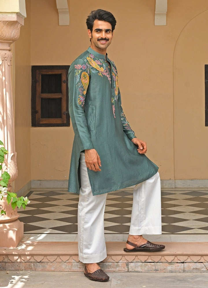 Juhi Bengani - Men Rama Green Embroidered Silk Kurta SetFabilicious Fashion