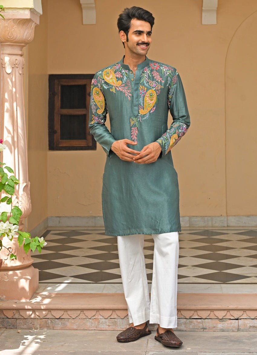 Juhi Bengani - Men Rama Green Embroidered Silk Kurta SetFabilicious Fashion