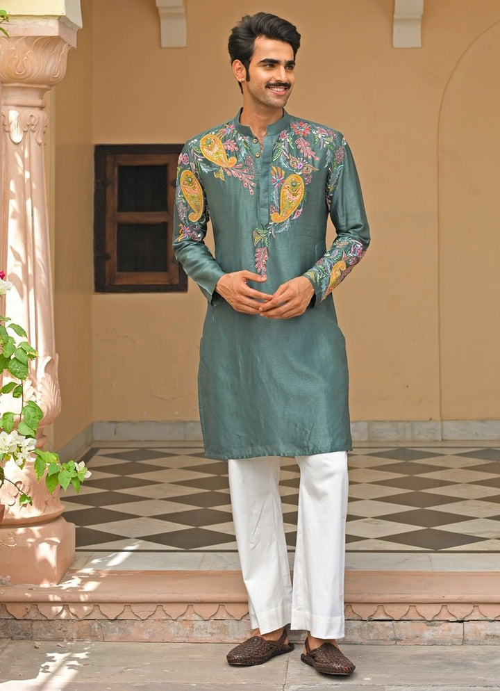 Juhi Bengani - Men Rama Green Embroidered Silk Kurta SetFabilicious Fashion