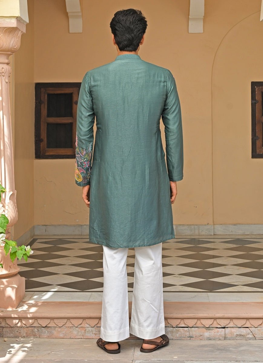 Juhi Bengani - Men Rama Green Embroidered Silk Kurta SetFabilicious Fashion