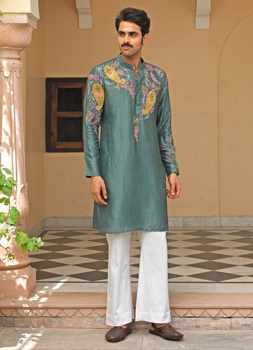 Juhi Bengani - Men Rama Green Embroidered Silk KurtaFabilicious Fashion