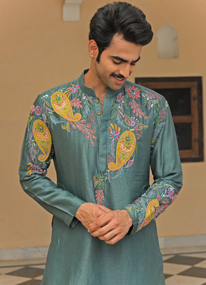 Juhi Bengani - Men Rama Green Embroidered Silk KurtaFabilicious Fashion