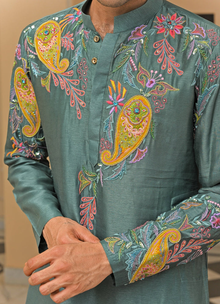Juhi Bengani - Men Rama Green Embroidered Silk KurtaFabilicious Fashion