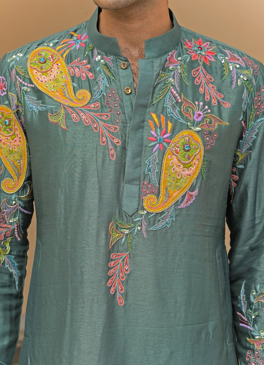 Juhi Bengani - Men Rama Green Embroidered Silk KurtaFabilicious Fashion