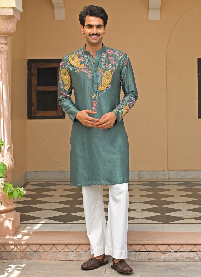 Juhi Bengani - Men Rama Green Embroidered Silk KurtaFabilicious Fashion