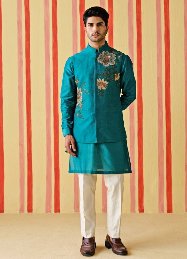 Studio Bagechaa - Men Rama Green Linen Satin Nehru Jacket SetFabilicious Fashion