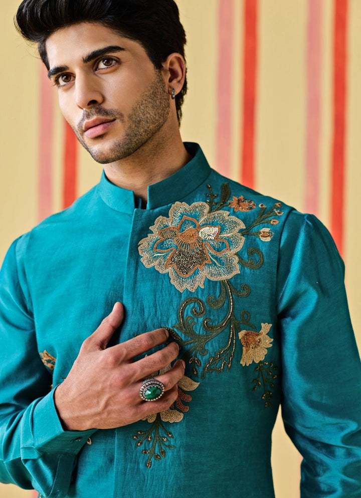 Studio Bagechaa - Men Rama Green Linen Satin Nehru Jacket SetFabilicious Fashion