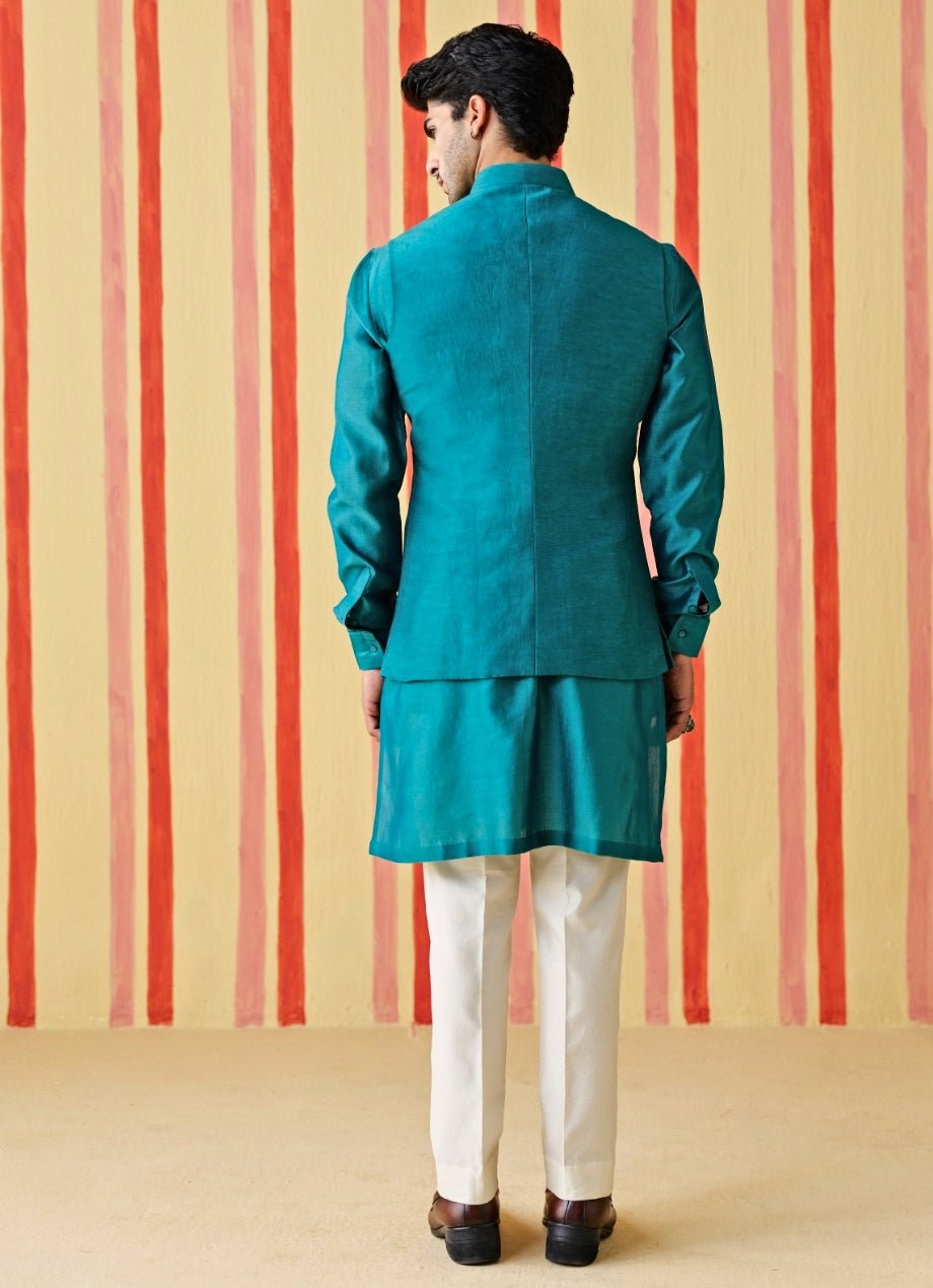 Studio Bagechaa - Men Rama Green Linen Satin Nehru Jacket SetFabilicious Fashion