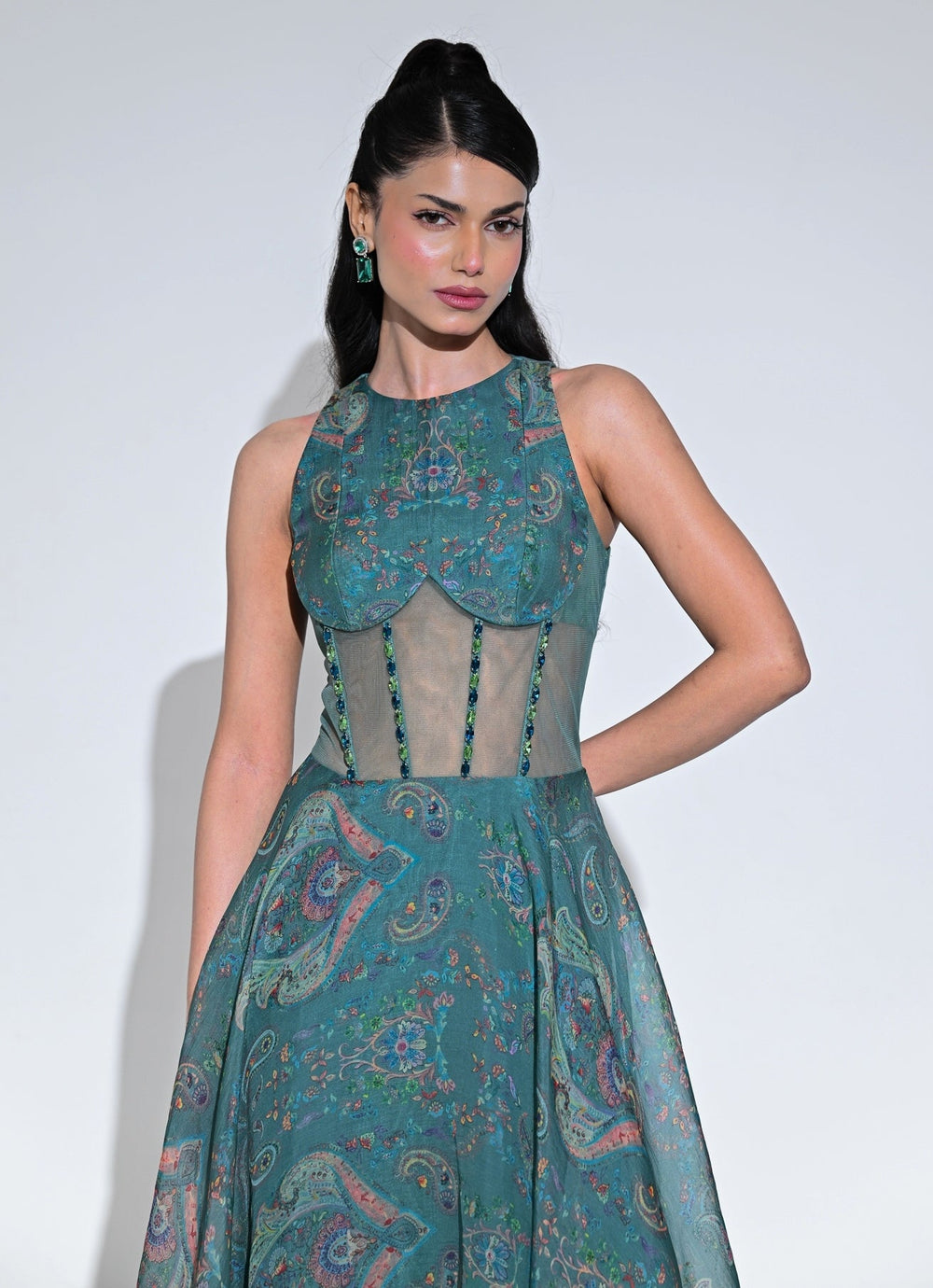 Rama Green Organza Corset Midi Dress Juhi Bengani - Fabilicious Fashion