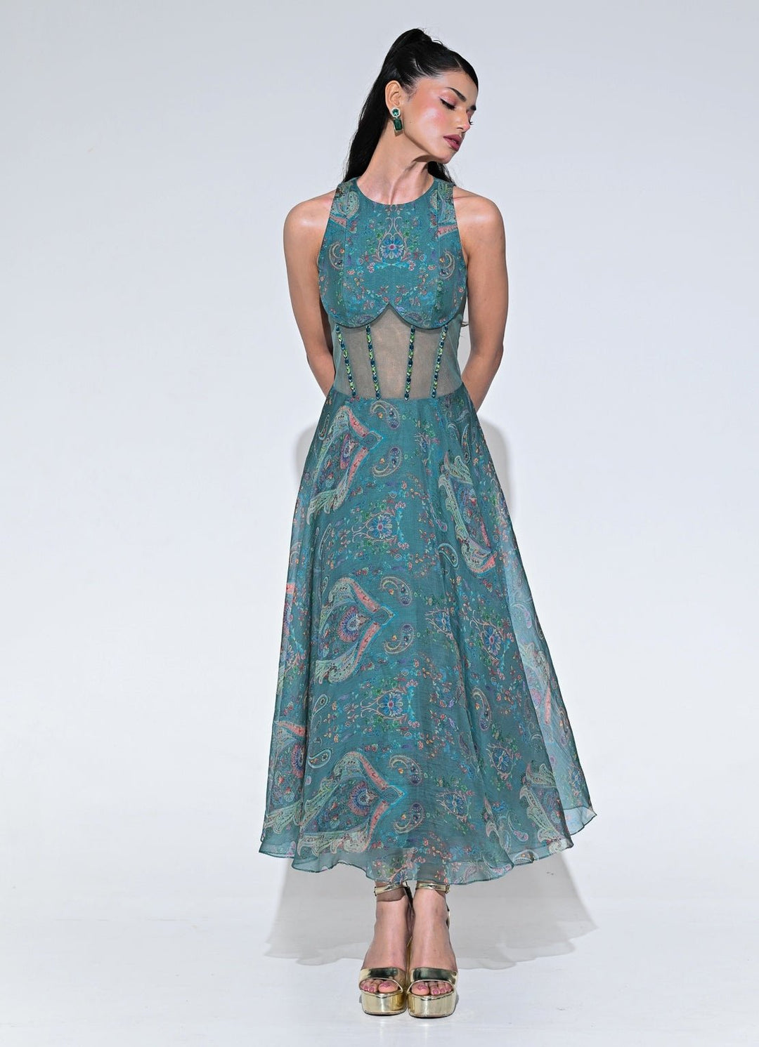 Rama Green Organza Corset Midi Dress Juhi Bengani - Fabilicious Fashion