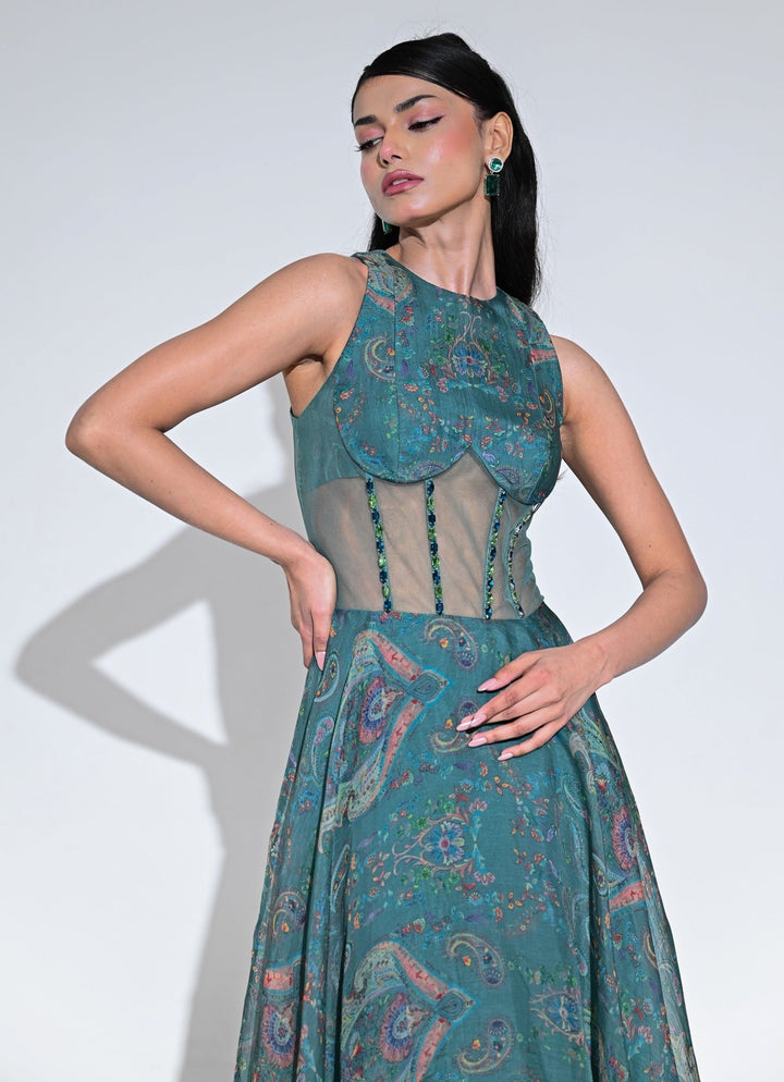 Rama Green Organza Corset Midi Dress Juhi Bengani - Fabilicious Fashion