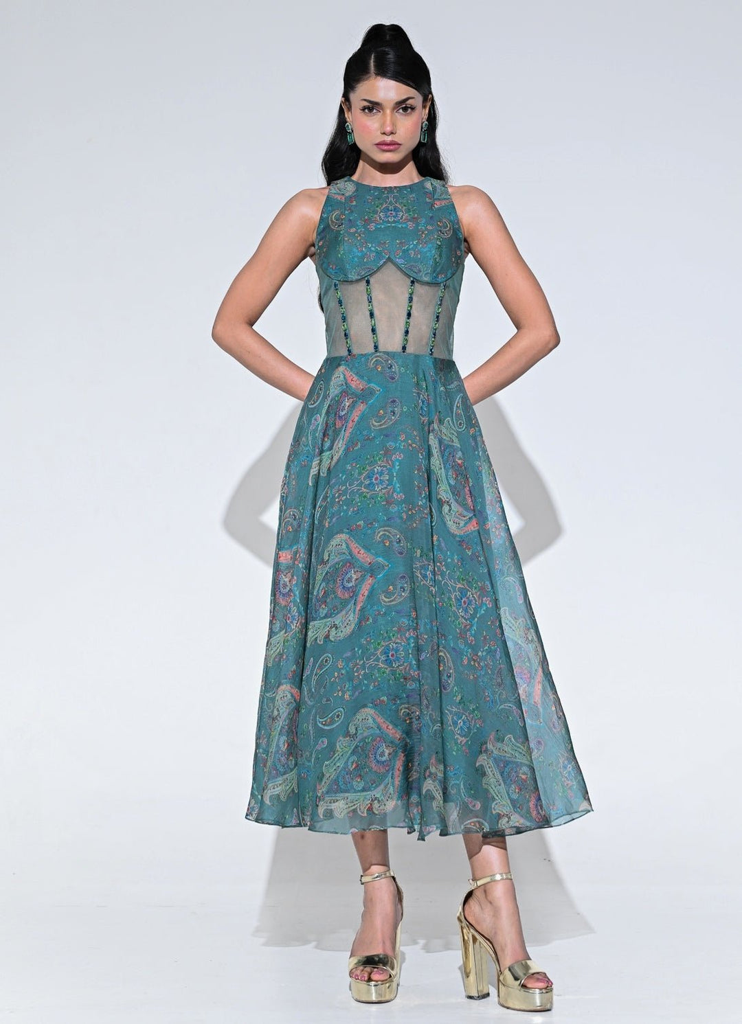 Rama Green Organza Corset Midi Dress Juhi Bengani - Fabilicious Fashion