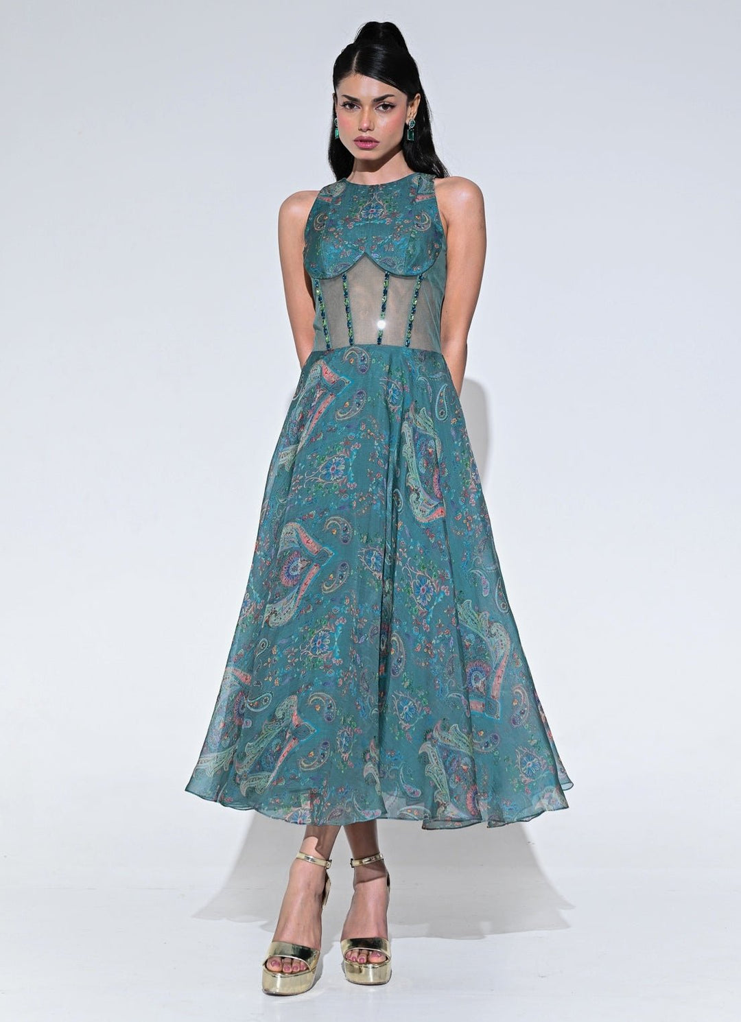 Rama Green Organza Corset Midi Dress Juhi Bengani - Fabilicious Fashion