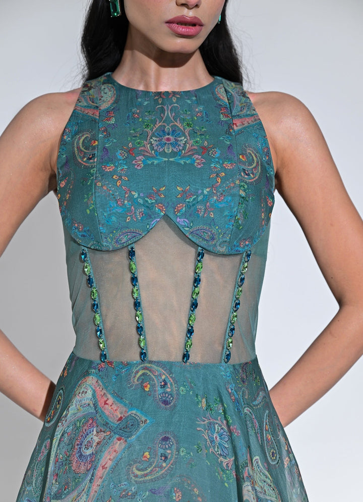 Rama Green Organza Corset Midi Dress Juhi Bengani - Fabilicious Fashion