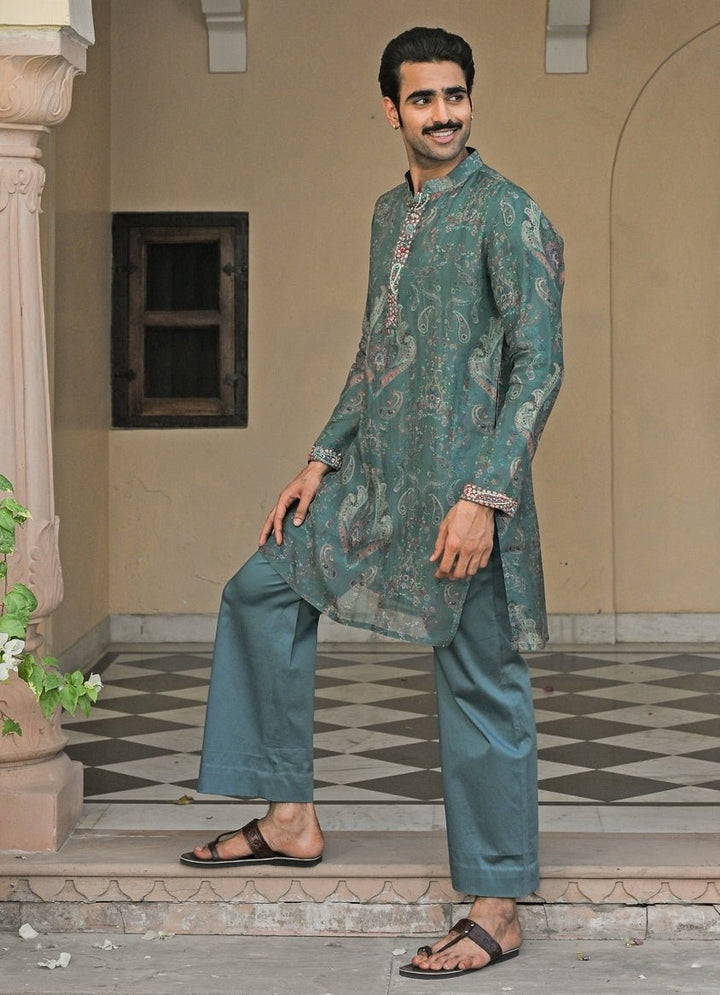 Rama Green Printed Organza Kurta Pants Set Juhi Bengani - Men - Fabilicious Fashion