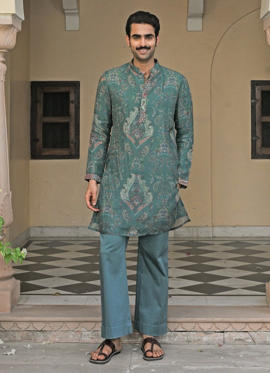Rama Green Printed Organza Kurta Pants Set Juhi Bengani - Men - Fabilicious Fashion