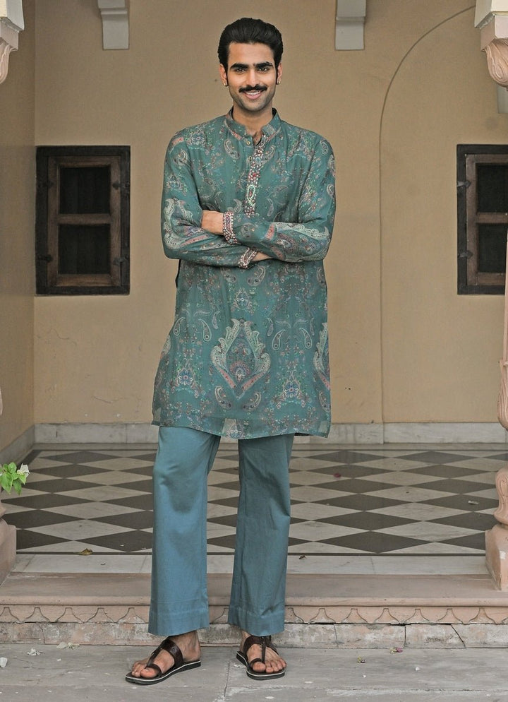 Rama Green Printed Organza Kurta Juhi Bengani - Men - Fabilicious Fashion
