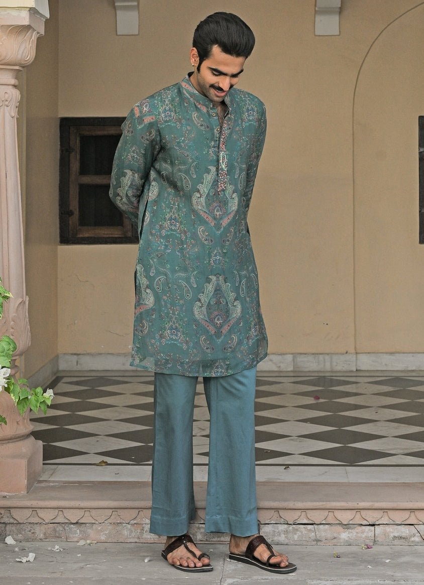 Rama Green Printed Organza Kurta Juhi Bengani - Men - Fabilicious Fashion