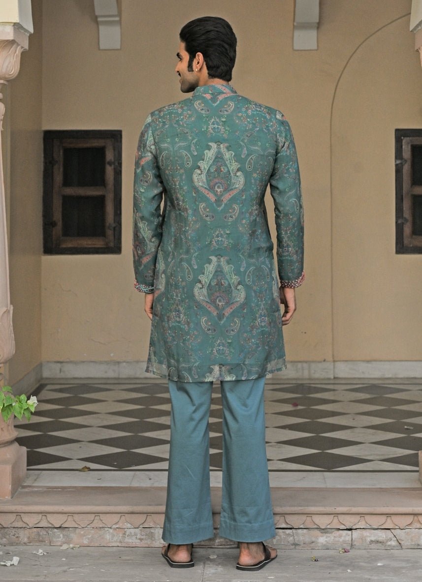 Rama Green Printed Organza Kurta Juhi Bengani - Men - Fabilicious Fashion