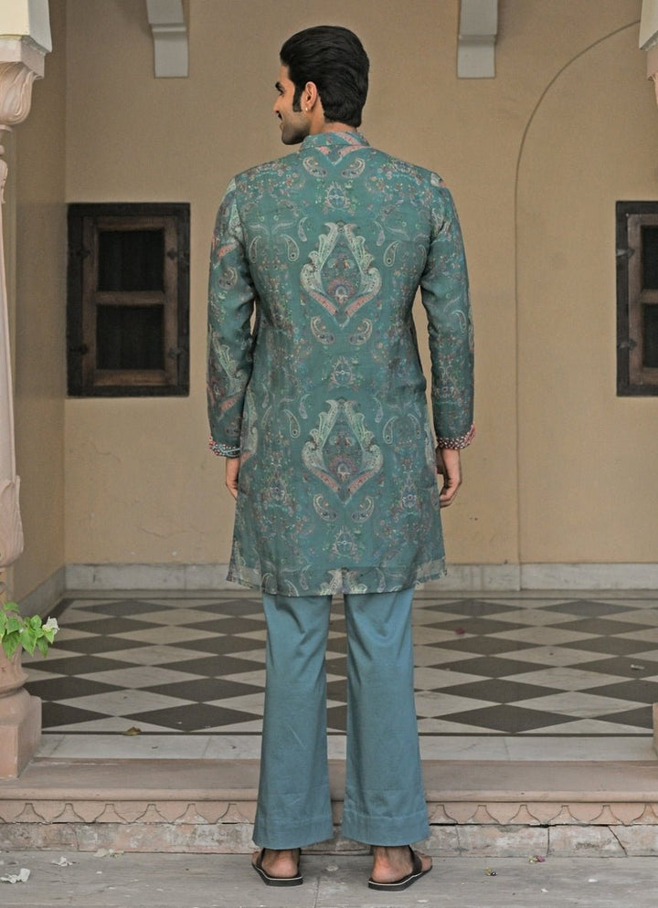Rama Green Printed Organza Kurta Juhi Bengani - Men - Fabilicious Fashion