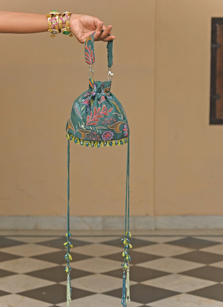 Juhi Bengani Rama Green Printed Organza PotliFabilicious Fashion
