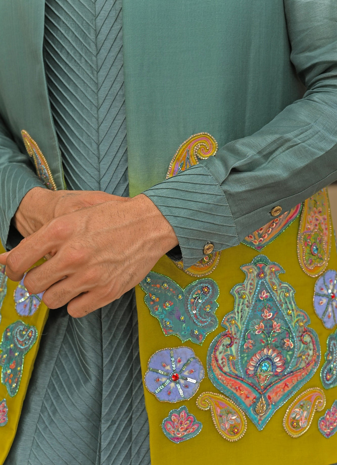 Rama Green Shaded Organza Nehru Jacket Juhi Bengani - Men - Fabilicious Fashion