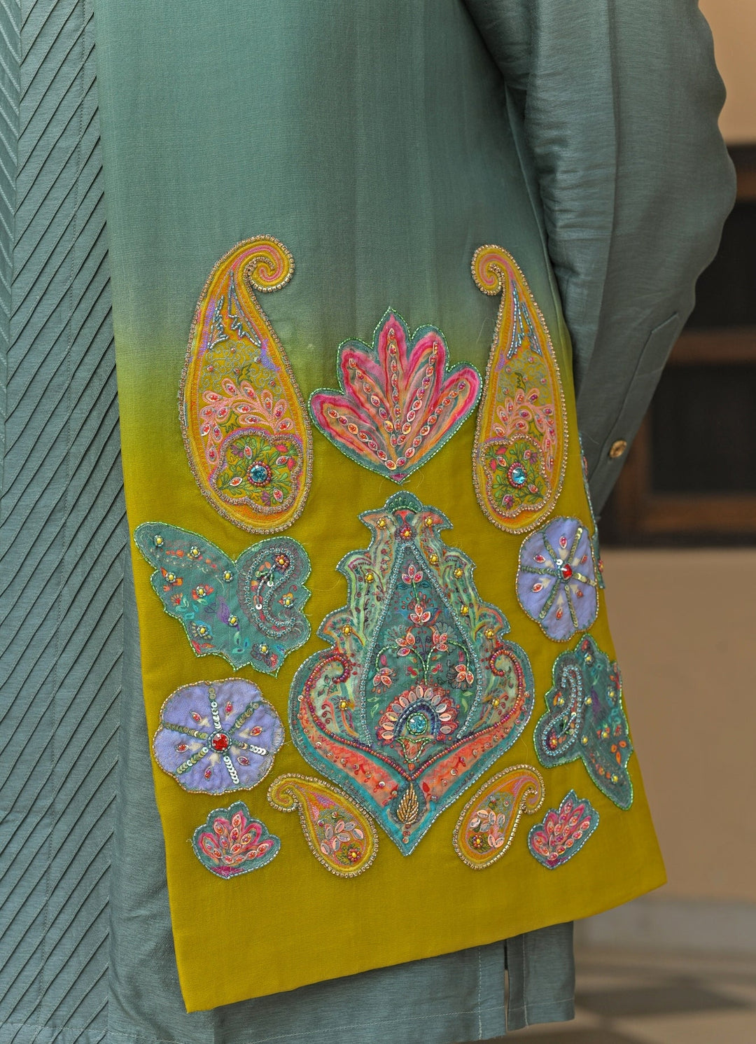Rama Green Shaded Organza Nehru Jacket Juhi Bengani - Men - Fabilicious Fashion