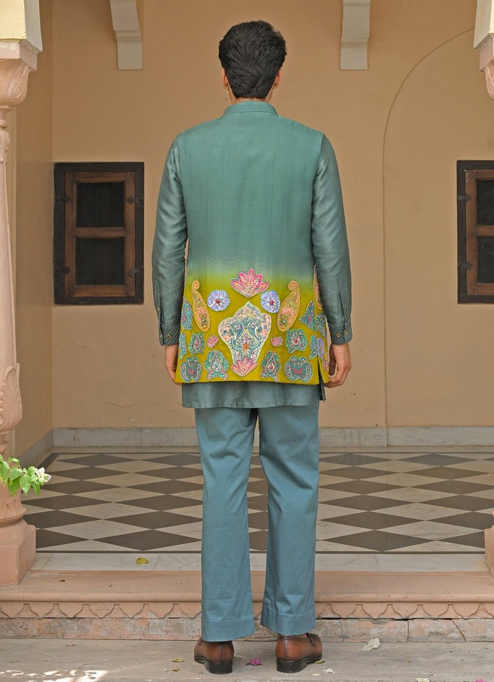 Rama Green Shaded Organza Nehru Jacket Juhi Bengani - Men - Fabilicious Fashion