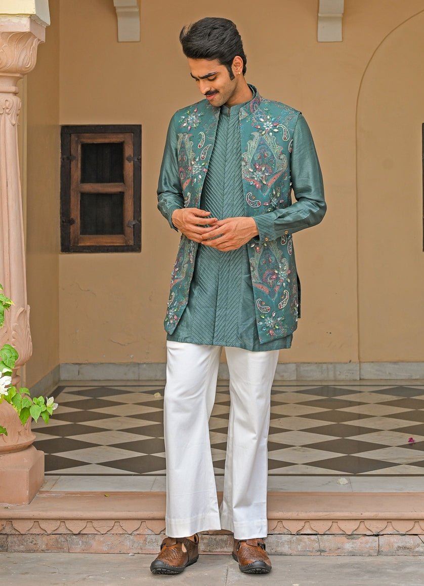 Rama Green Silk Kurta Pants Set with Nehru Jacket Juhi Bengani - Men - Fabilicious Fashion