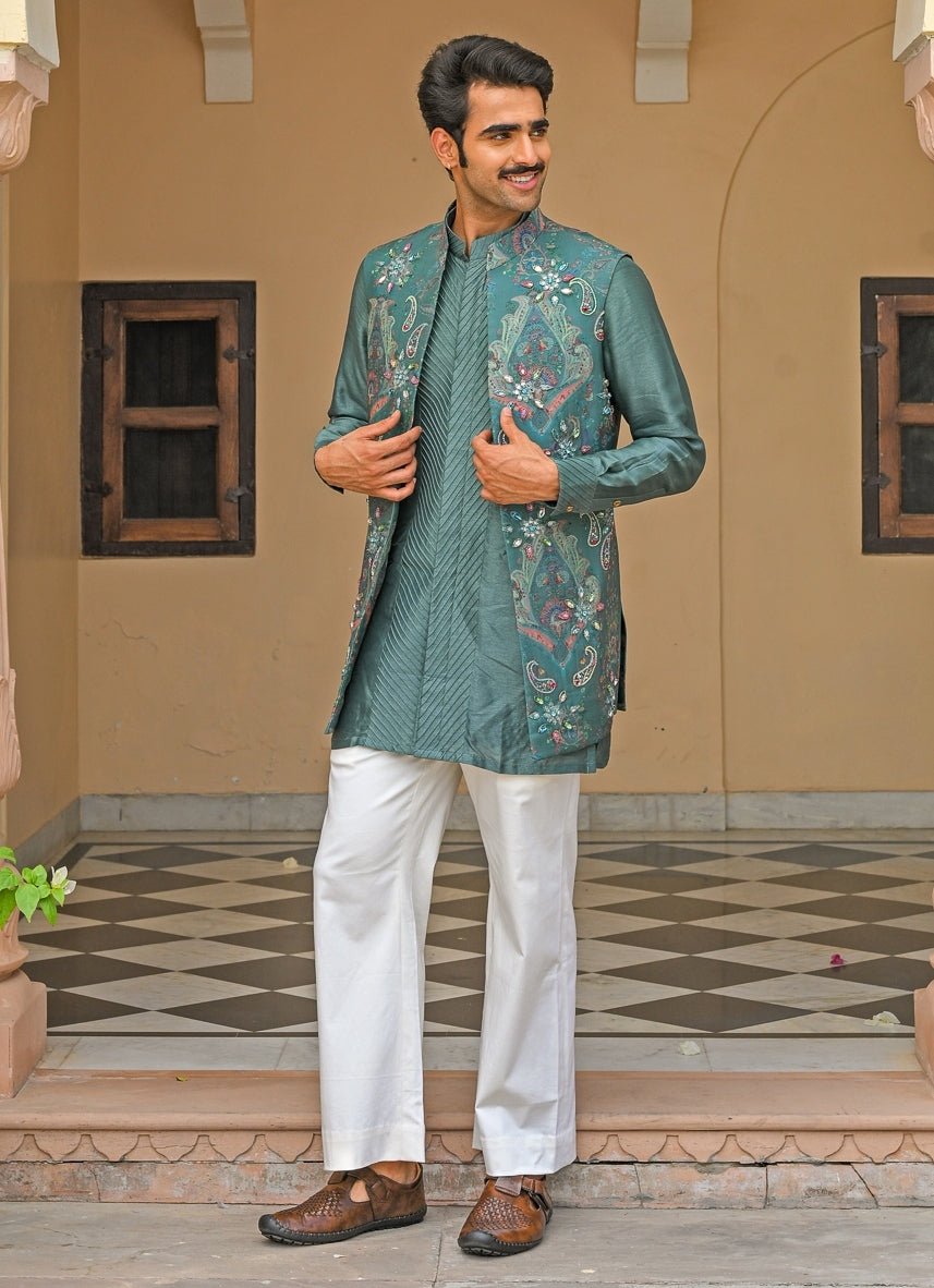 Juhi Bengani - Men Rama Green Silk Kurta Pants Set with Nehru JacketFabilicious Fashion