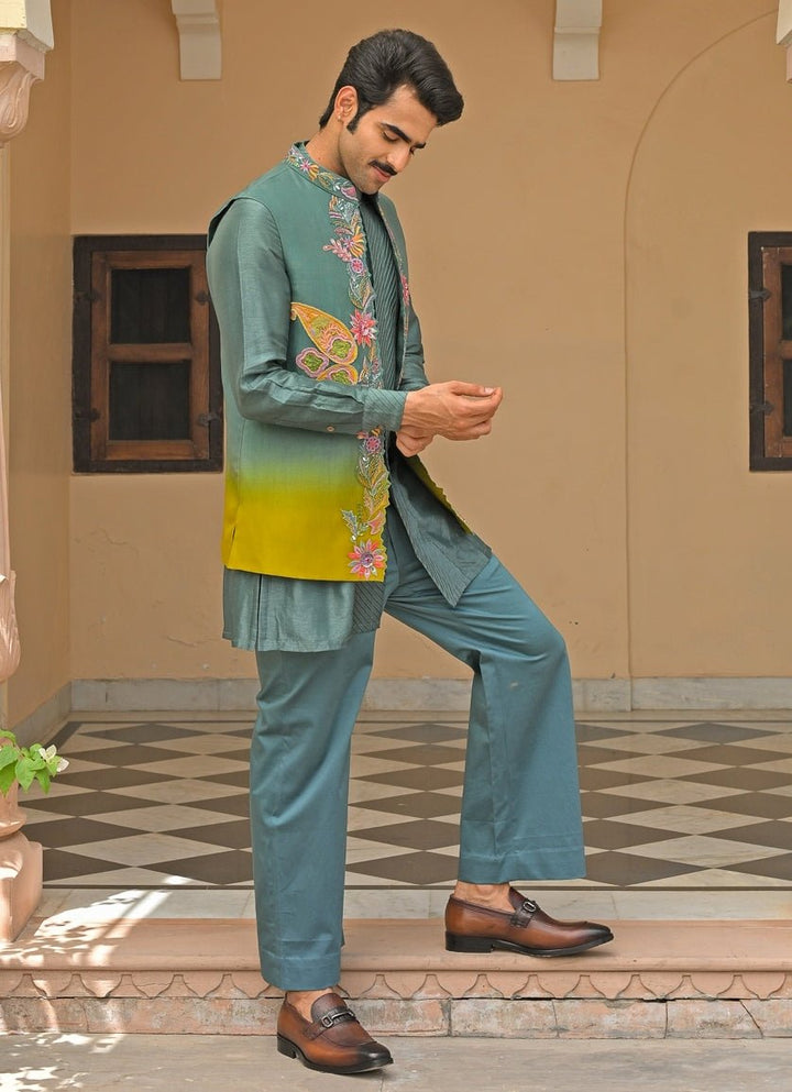 Juhi Bengani - Men Rama Green Silk Kurta Set with Nehru JacketFabilicious Fashion