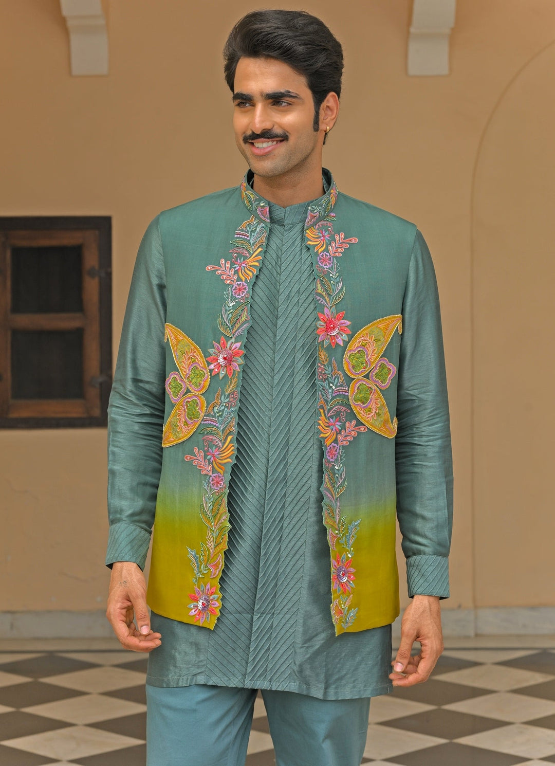 Juhi Bengani - Men Rama Green Silk Kurta Set with Nehru JacketFabilicious Fashion