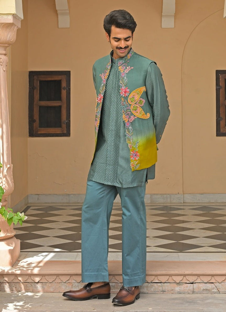 Juhi Bengani - Men Rama Green Silk Kurta Set with Nehru JacketFabilicious Fashion