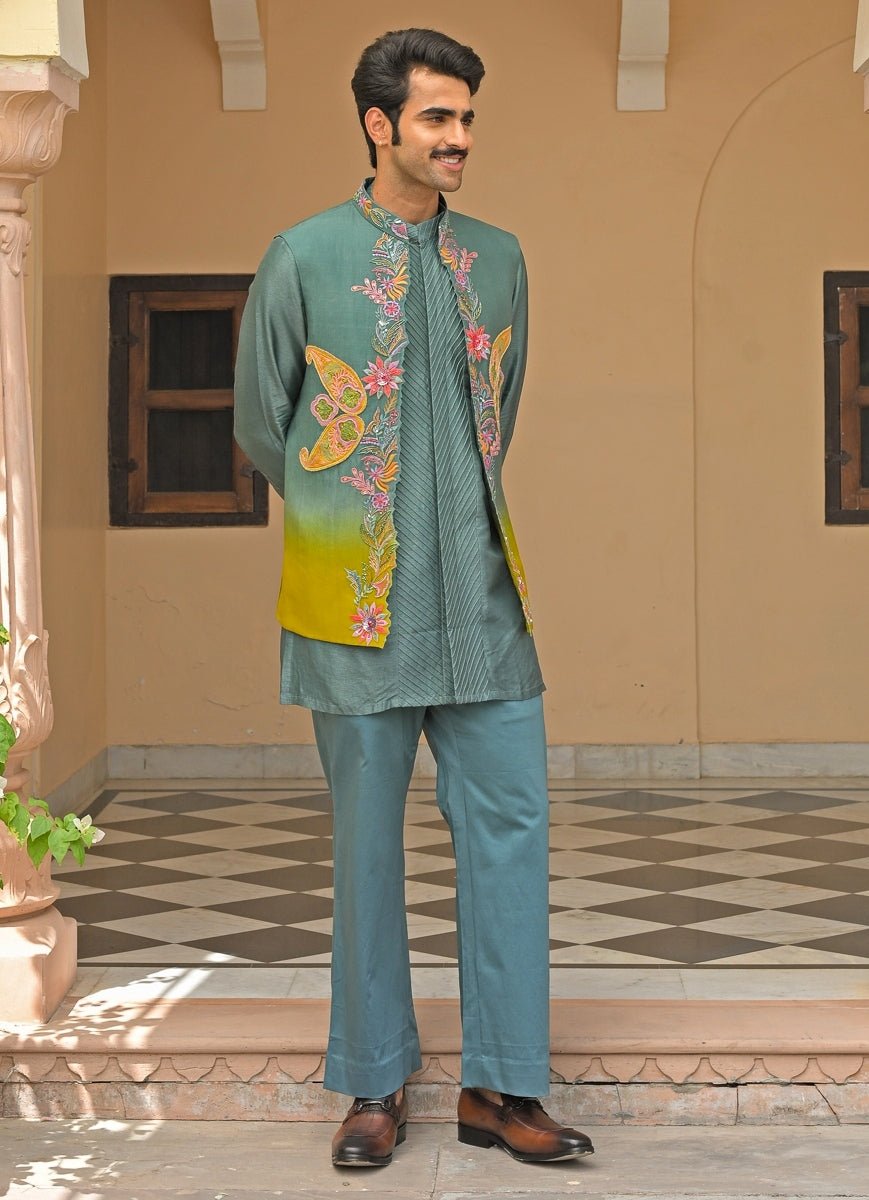 Rama Green Silk Kurta Set with Nehru Jacket Juhi Bengani - Men - Fabilicious Fashion